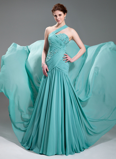 Vestidos de festa Vestidos princesa/ Formato A Um ombro Cauda corte Chifon Vestido de festa com Pregueado Beading Apliques (017019733) Vestidos de festa Vestidos princesa/ Formato A Um ombro Cauda corte Chifon Vestido de festa com Pregueado Beading Apliques (017019733)