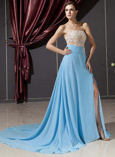 Avondjurken A-Lijn/Prinses Sweetheart Lange Sleep Chiffon Tule Avondjurk met Lace Kraal (017014249)