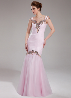 Robe de Bal de Promo Sirene Cœur Longeur au sol Tulle Charmeuse Robe de Bal de Promo avec Ondulé Dentelle Brodé (018019067)