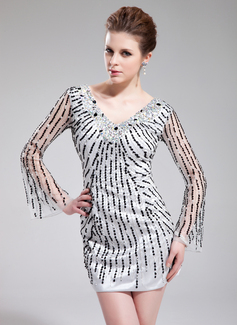 Robe de Bal de Promo Gaine Col V Court/Mini Organza Charmeuse Robe de Bal de Promo avec Brodé Pailleté (018019180)