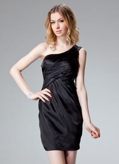 Cocktail Dresses Sheath One-Shoulder Short/Mini Charmeuse Cocktail Dress With Ruffle Beading (016021068)