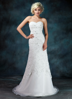 Robe de Mariée Ligne-A/Princesse Cœur Traine courte Organza Satin Dentelle Robe de Mariée avec Ondulé Perlé Sequins (002000155)