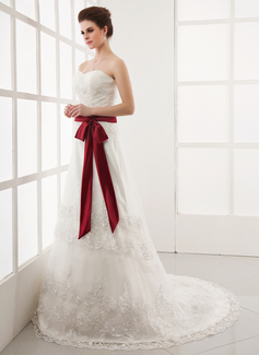 Robe de Mariée Ligne-A/Princesse Cœur Traine courte Satin Tulle Robe de Mariée avec Ondulé Dentelle Echarpes (002000164)