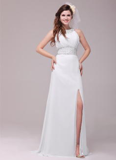 Avondjurken A-Lijn/Prinses Ronde Hals Korte Sleep Chiffon Avondjurken met Roes Kraal (017014033)