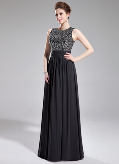 Avondjurken A-Lijn/Prinses Ronde Hals Vloerlengte Chiffon Lovertjes Avondjurken met Roes (008019703)