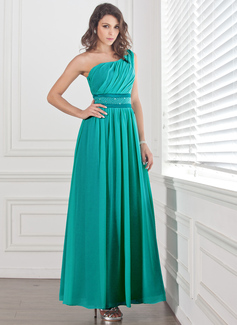 Robe de Bal de Promo Ligne-A/Princesse Une epaule Longueur cheville Mousseline Charmeuse Robe de Bal de Promo avec Ondulé Perles (018004855)