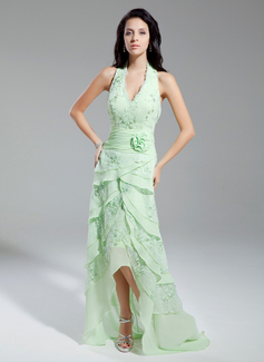 Robe de Bal de Promo Ligne-A/Princesse Bretelles autour du cou Assymetrique Mousseline Robe de Bal de Promo avec Ondulé Dentelle Brodé Fleurs (018014960) Robe de Bal de Promo Ligne-A/Princesse Bretelles autour du cou Assymetrique Mousseline Robe de Bal de Promo avec Ondulé Dentelle Brodé Fleurs (018014960)