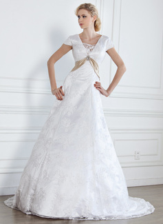 Robe de Mariée Ligne-A/Princesse Col V Traine courte Satin Dentelle Robe de Mariée avec Echarpes Broche florale en cristal (002005313) Robe de Mariée Ligne-A/Princesse Col V Traine courte Satin Dentelle Robe de Mariée avec Echarpes Broche florale en cristal (002005313)