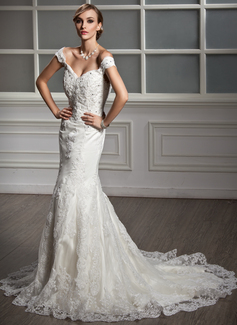 Robe de Mariée Sirene Hors épaule Traine courte Satin Tulle Robe de Mariée avec Dentelle Perlé (002011499)