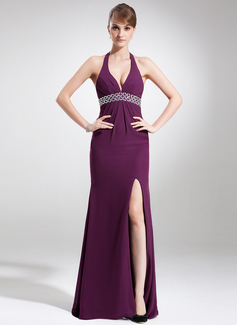 Robe de Bal de Promo Gaine Bretelles autour du cou Traine longue mousseline de soie Robe de Bal de Promo avec Brodé (018004886)