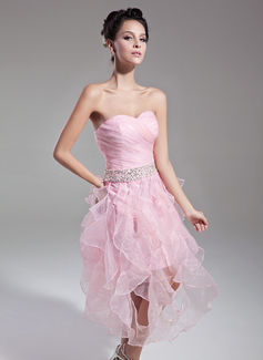 Cocktail Dresses Sheath Sweetheart Tea-Length Organza Cocktail Dress With Ruffle Beading Sequins (016015121)