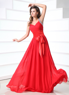 Robe de Bal de Promo Ligne-A/Princesse Col V Longeur au sol Mousseline Charmeuse Robe de Bal de Promo avec Ondulé Brodé (018017374)