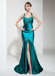 Robe de Bal de Promo Sirene Bretelles autour du cou Traine longue Charmeuse Robe de Bal de Promo avec Ondulé Brodé (018002823)