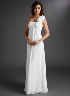 Empire Une epaule Longeur au sol Mousseline Robe de Demoiselle d'Honneur avec Ondulé Fleurs (007016719)