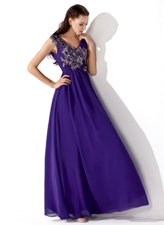 Cheap Prom Dresses A-Line/Princess V-neck Floor-Length Chiffon Prom Dress With Ruffle Beading Appliques (018013105)