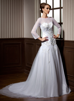 Robe de Mariée Ligne-A/Princesse Col rond Traine courte Satin Tulle Robe de Mariée avec Perlé (002004776) Robe de Mariée Ligne-A/Princesse Col rond Traine courte Satin Tulle Robe de Mariée avec Perlé (002004776)
