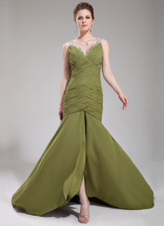 Avondjurken Zeemeermin Sweetheart Lange Sleep Chiffon Tule Avondjurk met Roes Kraal Lovertjes (017019469)
