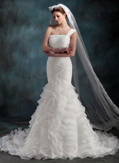 Robe de Mariée Sirene Une epaule Traine courte Organza Robe de Mariée avec Ondulé (002000623)