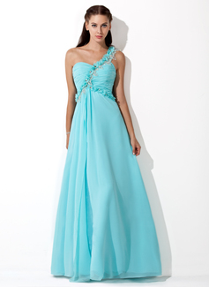 Cheap Prom Dresses A-Line/Princess One-Shoulder Floor-Length Chiffon Prom Dress With Ruffle Beading Flower(s) (018013098)