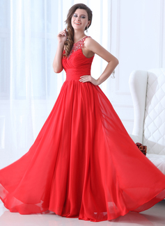 Speciale Gelegenheids Jurken A-Lijn/Prinses Ronde Hals Vloerlengte Chiffon Vakantie Jurk met Roes Kraal (020017361)