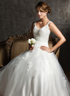 Robe de Mariée bal Col V Traine longue Satin Tulle Robe de Mariée avec Ondulé Dentelle Perlé Pailleté (002008170) Robe de Mariée bal Col V Traine longue Satin Tulle Robe de Mariée avec Ondulé Dentelle Perlé Pailleté (002008170)