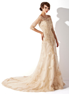 Robe de Mariée Coupe droite Hors épaule Traine courte Satin Tulle Robe de Mariée avec Dentelle (002011393)