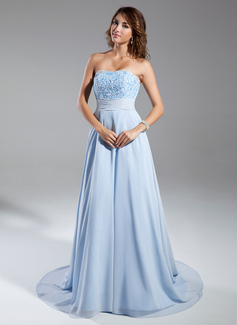 Avondjurken A-Lijn/Prinses Strapless Kapel Sleep Chiffon Avondjurken met Roes Kant Kraal (017015326) Avondjurken A-Lijn/Prinses Strapless Kapel Sleep Chiffon Avondjurken met Roes Kant Kraal (017015326)
