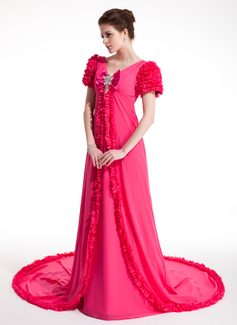 Robe de Bal de Promo Ligne-A/Princesse Col V Traine courte Mousseline Robe de Bal de Promo avec Ondulé Brodé (018018953)
