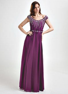 Avondjurken A-Lijn/Prinses Ronde Hals Vloerlengte Chiffon Avondjurk met Roes Kraal (020015777)