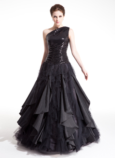 Robe de Bal de Promo Ligne-A/Princesse Une epaule Longeur au sol Taffetas Tulle Pailleté Robe de Bal de Promo avec Ondulé (018004860)