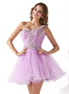 16års Bursdag A-formet/Prinsesse En skuldret/asymmetrisk Mini Tulle Ballkjole med Frynse Blonde Paljetter (022020900) 16års Bursdag A-formet/Prinsesse En skuldret/asymmetrisk Mini Tulle Ballkjole med Frynse Blonde Paljetter (022020900)