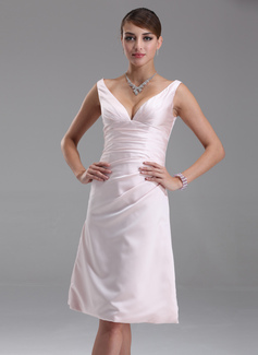 Burgundy Bridesmaid Dresses Empire V-neck Knee-Length Satin Bridesmaid Dress With Ruffle (007001054) Burgundy Bridesmaid Dresses Empire V-neck Knee-Length Satin Bridesmaid Dress With Ruffle (007001054)