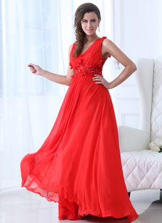 Robe de Bal de Promo Ligne-A/Princesse Col V Longeur au sol Mousseline Robe de Vacance avec Ondulé Brodé Fleurs (020017333)