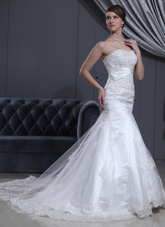 Mermaid Sweetheart Chapel Train Satin Tulle Wedding Dresses With Lace Beadwork (002000078)