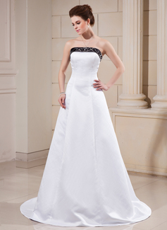 A-Line/Princess Strapless Sweep Train Satin Wedding Dresses With Sashes Beadwork (002000068)