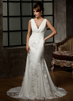 Robe de Mariée Sirene Col V Traine courte Mousseline Tulle Robe de Mariée avec Ondulé Dentelle (002000583) Robe de Mariée Sirene Col V Traine courte Mousseline Tulle Robe de Mariée avec Ondulé Dentelle (002000583)