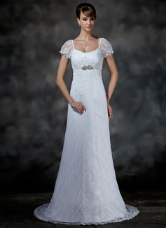 Empire Scoop Neck Sweep Train Satin Lace Wedding Dresses With Beadwork (002000214)