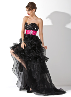 Robe de Bal de Promo Ligne-A/Princesse Cœur Assymetrique Organza Satin Robe de Bal de Promo avec Ondulé Bretelle Brodé (018021095)