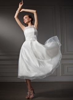 Robe de Mariée Ligne-A/Princesse Col rond Longeur à mi jambe Organza Satin Robe de Mariée avec Echarpes Fleurs (002021079)