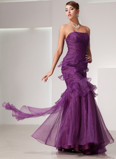 Cheap Prom Dresses Mermaid Strapless Floor-Length Organza Prom Dress With Ruffle (018014441)