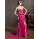 Empire Une epaule Traine courte mousseline de soie Charmeuse Robe de Bal de Promo avec Ondulé Brodé Pailleté (018014847)