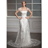 Coupe droite Encolure carrée Traine courte Satin lacet Robe de Mariée avec Ondulé Perlé Sequins (002004755)