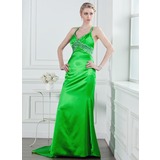Gaine Col V Traine courte Charmeuse Robe de Bal de Promo avec Brodé Pailleté (018005236)