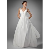 Ligne-A/Princesse Col V Longeur au sol Mousseline Robe de Mariée avec Ondulé Perlé (002005176)