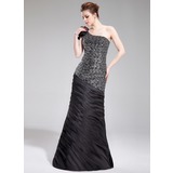 Sirene Une epaule Longeur au sol Charmeuse Pailleté Robe de Soirée avec Ondulé Fleurs (017019444)