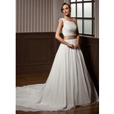 Ligne-A/Princesse Une epaule Traîne Chapelle Mousseline Charmeuse Robe de Mariée avec Ondulé Echarpes Perlé Fleurs (002011564)