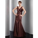 Zeemeermin V-nek Vloerlengte Satin Avondjurk met Roes Kristal Bloemen Pin (017014758)