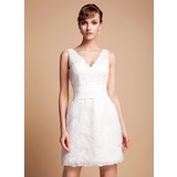 Coupe droite Col V Court/Mini Satin Robe de Mariée avec Dentelle (002011935)