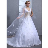 bal Col V Traîne Chapelle Satin Tulle Robe de Mariée avec lacet Echarpes Perlé (002000546)