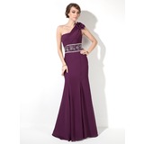 Nauwaansluitend Een-Schouder Vloerlengte Chiffon Avondjurk met Roes Kraal (017005817)